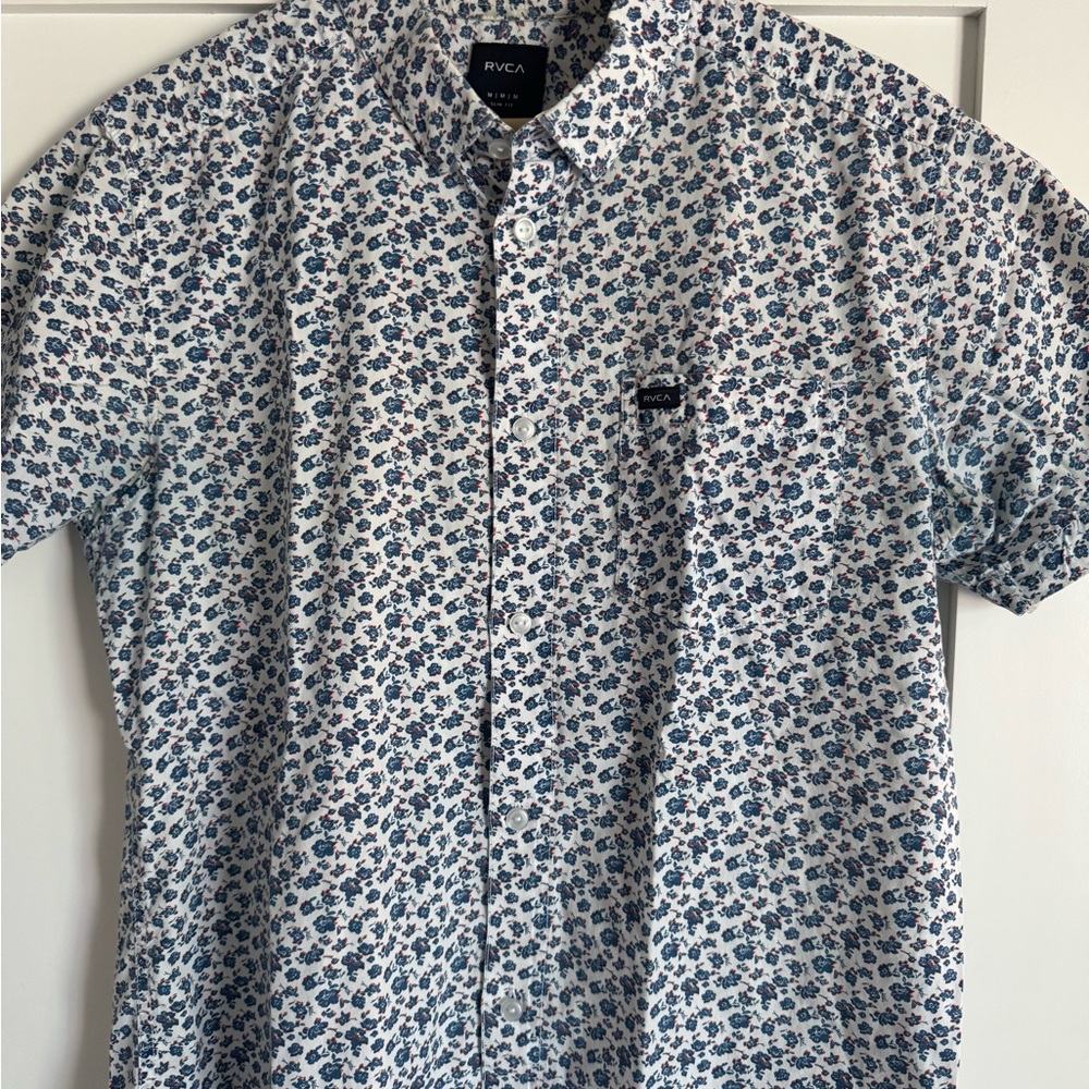 RVCA Men's White and Blue Patterned Shirt